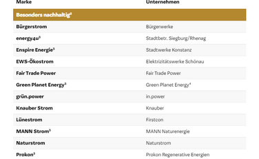 Aufstellung besonders nachhaltiger Stromanbieter, die 100% Strom aus erneuerbaren Energien liefern
