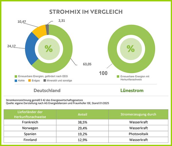 Deutscher Strommix 2024: 63,05% erneuerbare Energien, 24,17% Kohle, 10,47% Erdgas, 2,31% Mineralöl und sonstige, Lünestrom Strommix: 100% Erneuerbare Energien mit Herkunftsnachweis